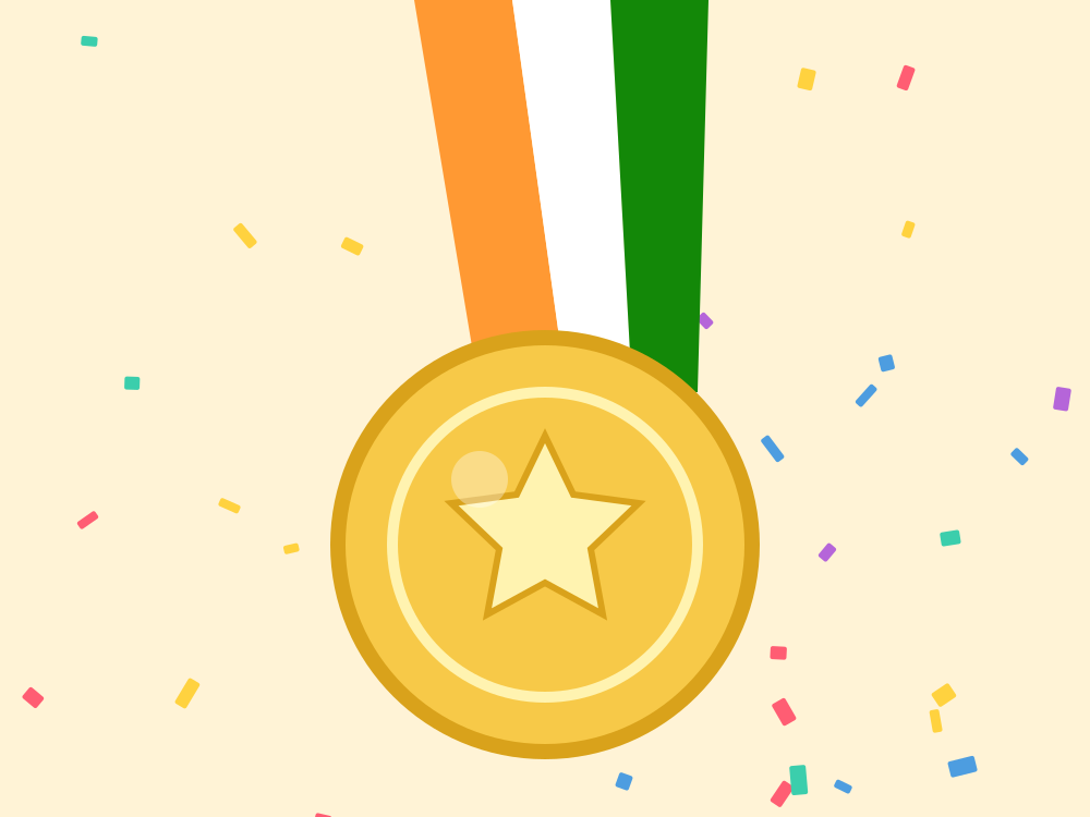 A large gold medal with a red, white and green ribbon and colourful confetti around it.