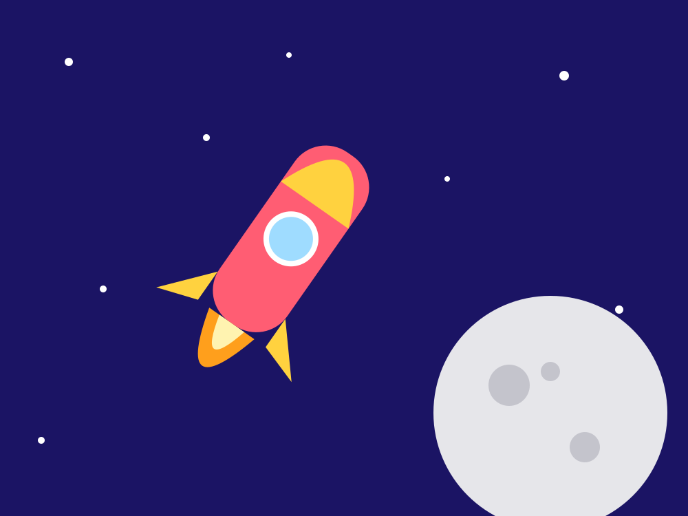 A red and yellow rocket in a dark blue sky with white stars, flying towards a grey Moon with craters.